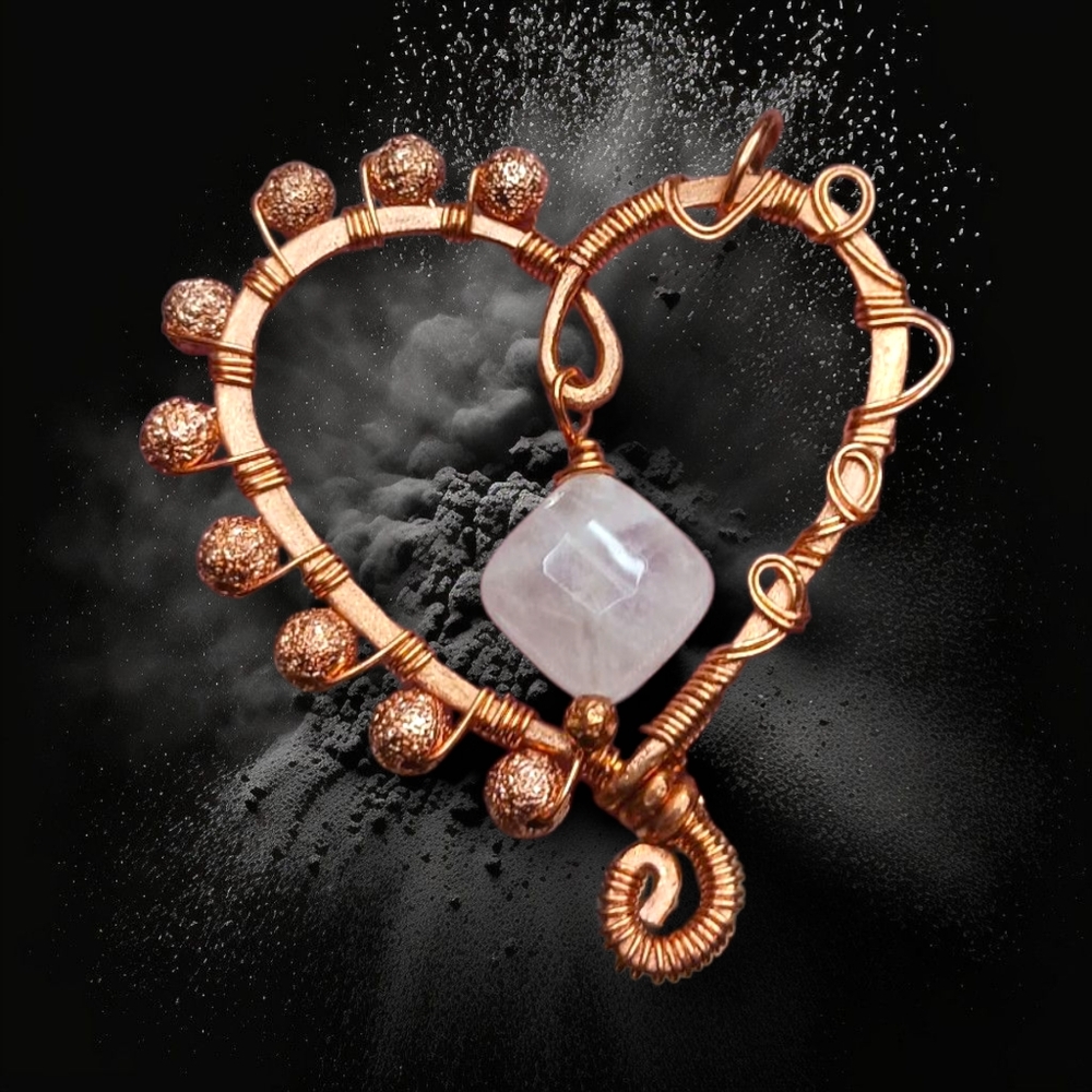 Artisan Copper Wire Heart Pendant with Rose Quartz - Picture 5 of 5
